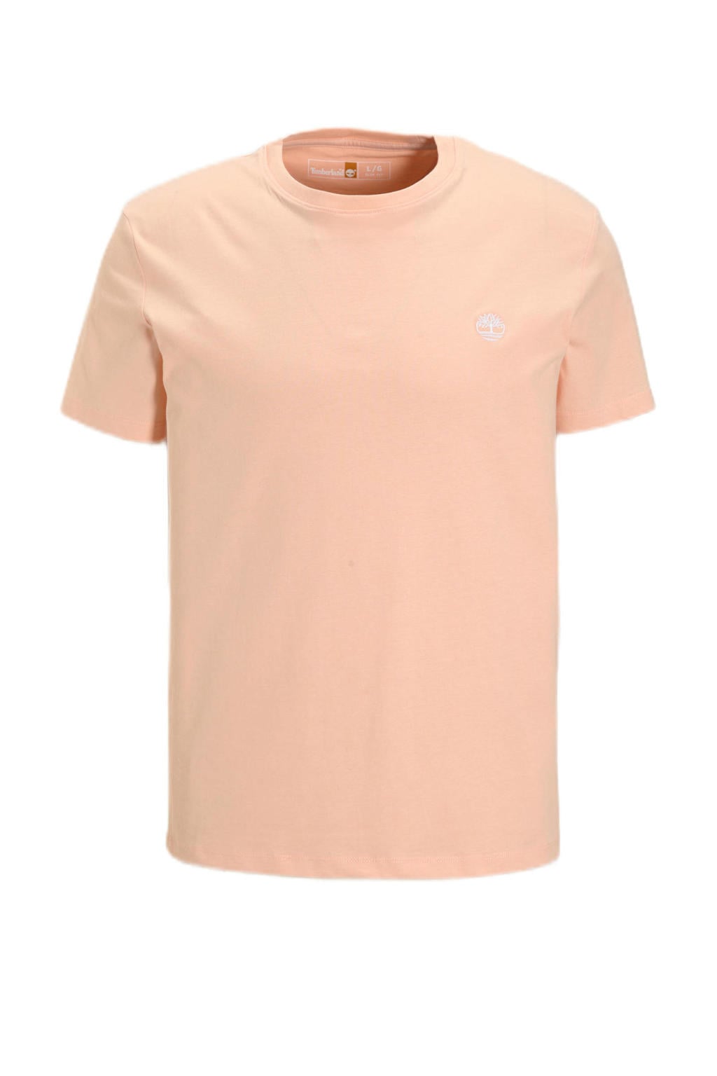 Zalmkleurige heren Timberland T-shirt van katoen met effen, korte mouwen en ronde hals