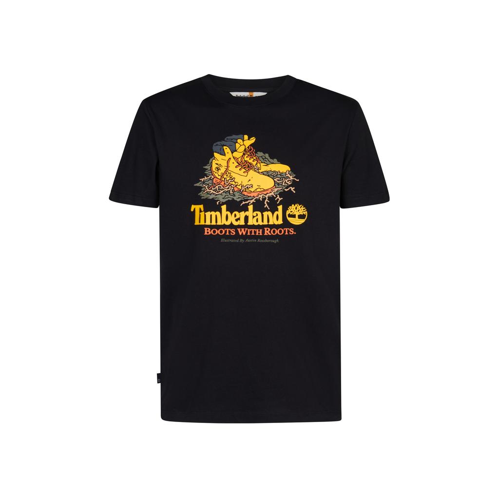 Zwarte heren Timberland T-shirt van katoen met printopdruk, korte mouwen en ronde hals