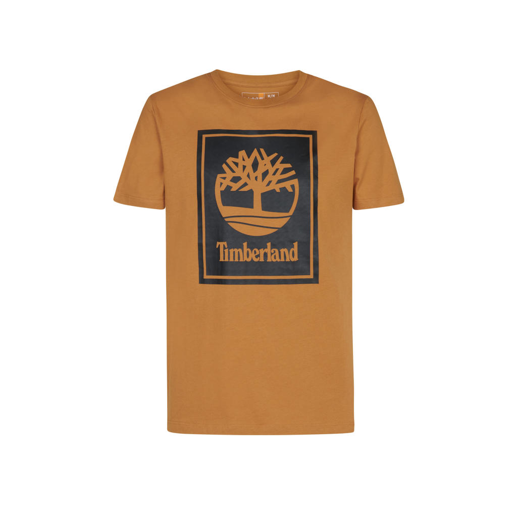 Okergele heren Timberland T-shirt van katoen met printopdruk, korte mouwen en ronde hals