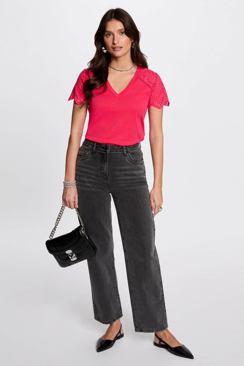 Fuchsia dames Morgan top broderie met effen, korte mouwen en V-hals