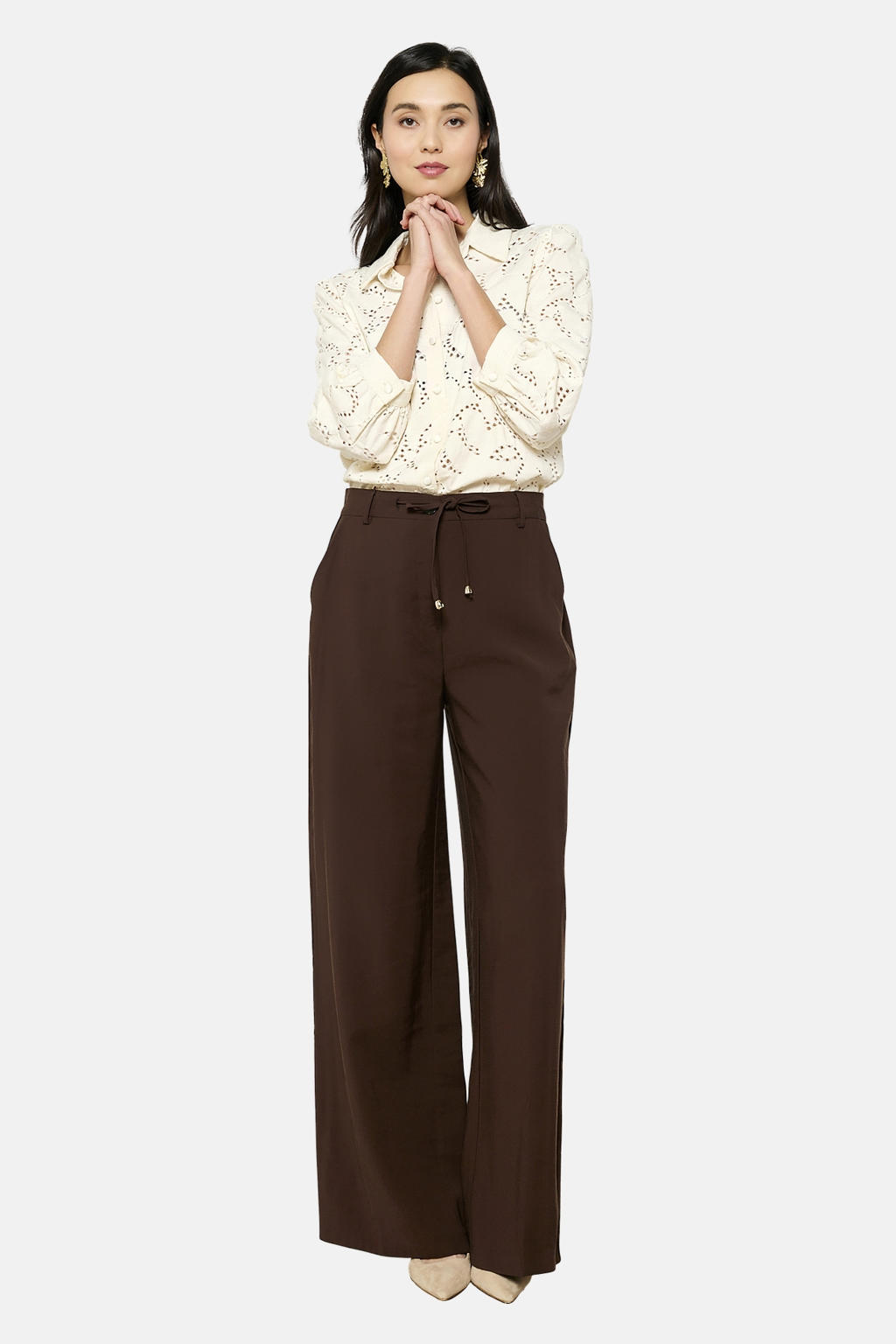 Donkerblauwe dames LOLALIZA exclusive wide leg regular waist palazzo broek van viscose met rits- en knoopsluiting en effen