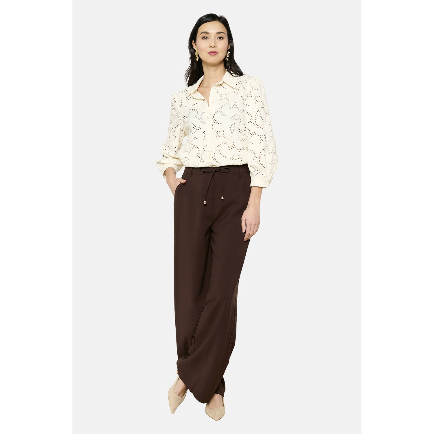 LOLALIZA exclusive wide leg regular waist palazzo broek donkerbruin