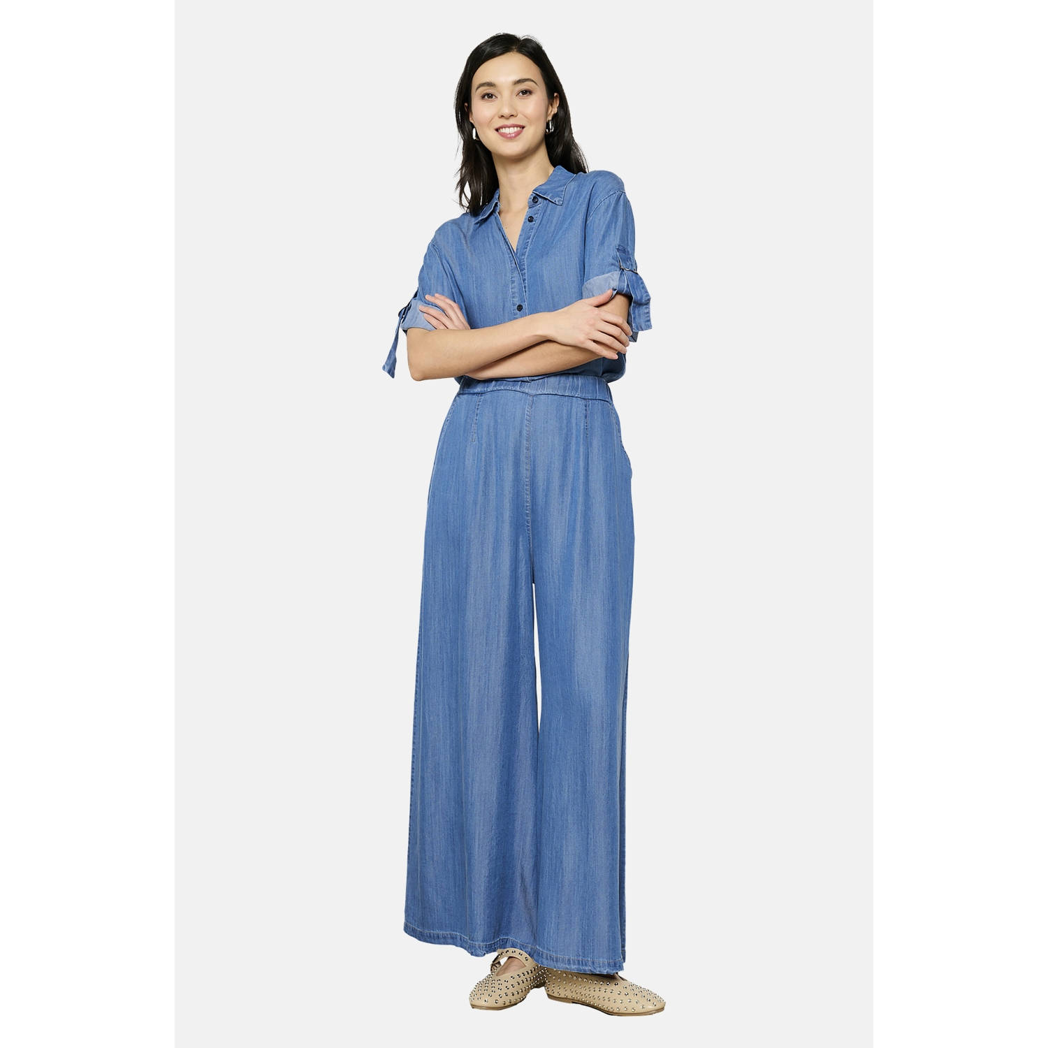 LOLALIZA exclusive high waist wide leg jeans medium blue denim