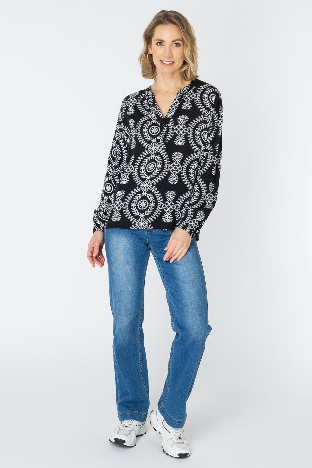 Zwart en witte dames ES&SY top van viscose met lange mouwen en V-hals