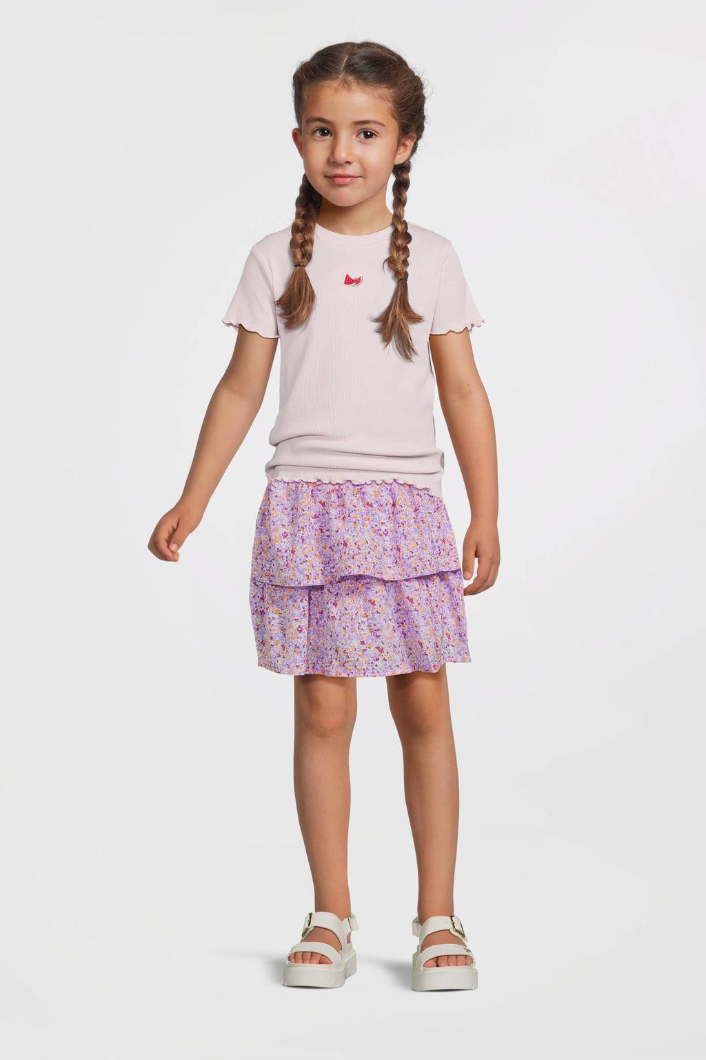Lichtroze meisjes NAME IT KIDS T-shirt van stretchkatoen met printopdruk, korte mouwen, ronde hals en borduursels
