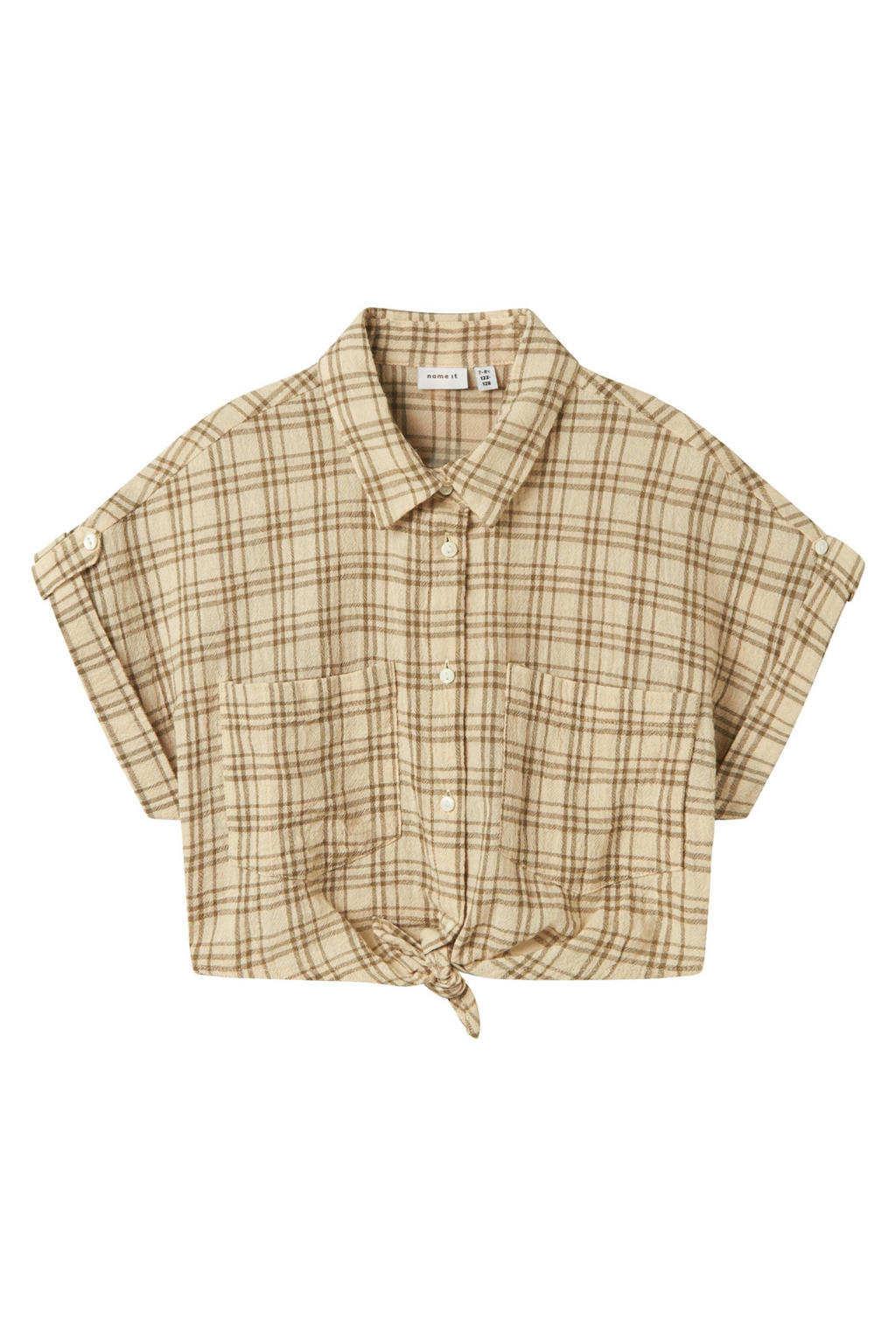 Lichtgeel en bruine meisjes NAME IT KIDS blouse van katoen met ruitenprint, korte mouwen, klassieke kraag, knoopsluiting en knoopdetail