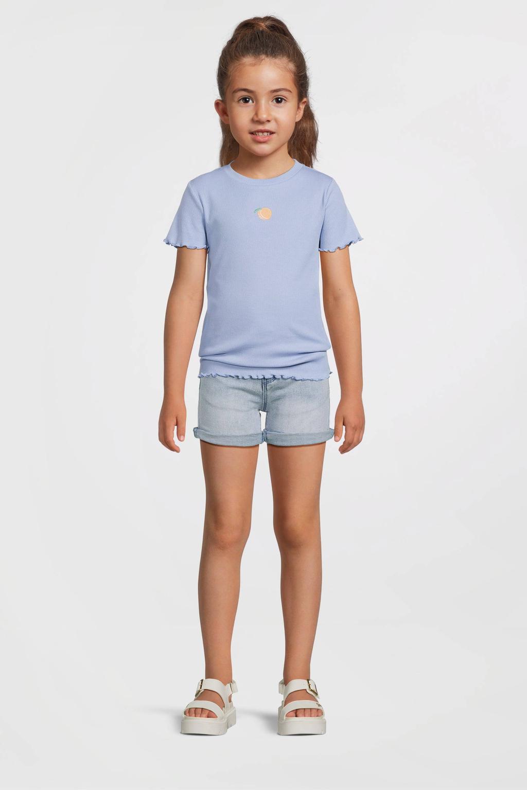 Lichtblauwe meisjes NAME IT KIDS T-shirt van katoen met printopdruk, korte mouwen, ronde hals en borduursels