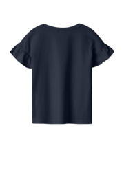 thumbnail: Donkerblauwe meisjes NAME IT KIDS T-shirt van katoen met effen, korte mouwen, ronde hals en volant