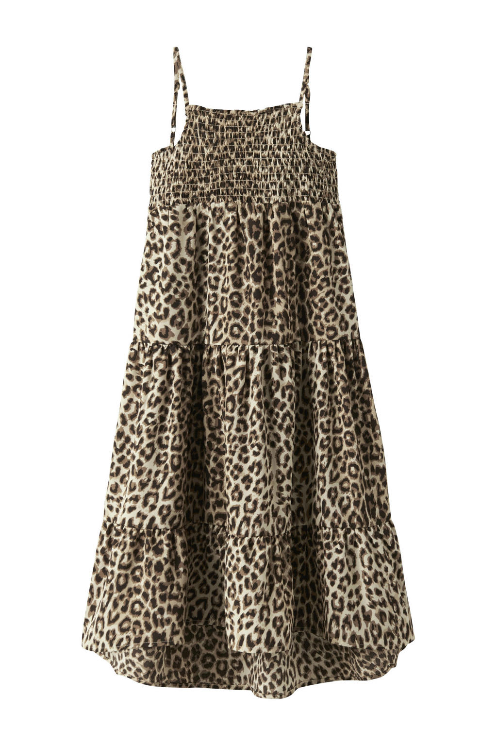 Bruin en zwarte meisjes NAME IT KIDS maxi jurk van polyester met panterprint, spaghettibandjes en vierkante hals