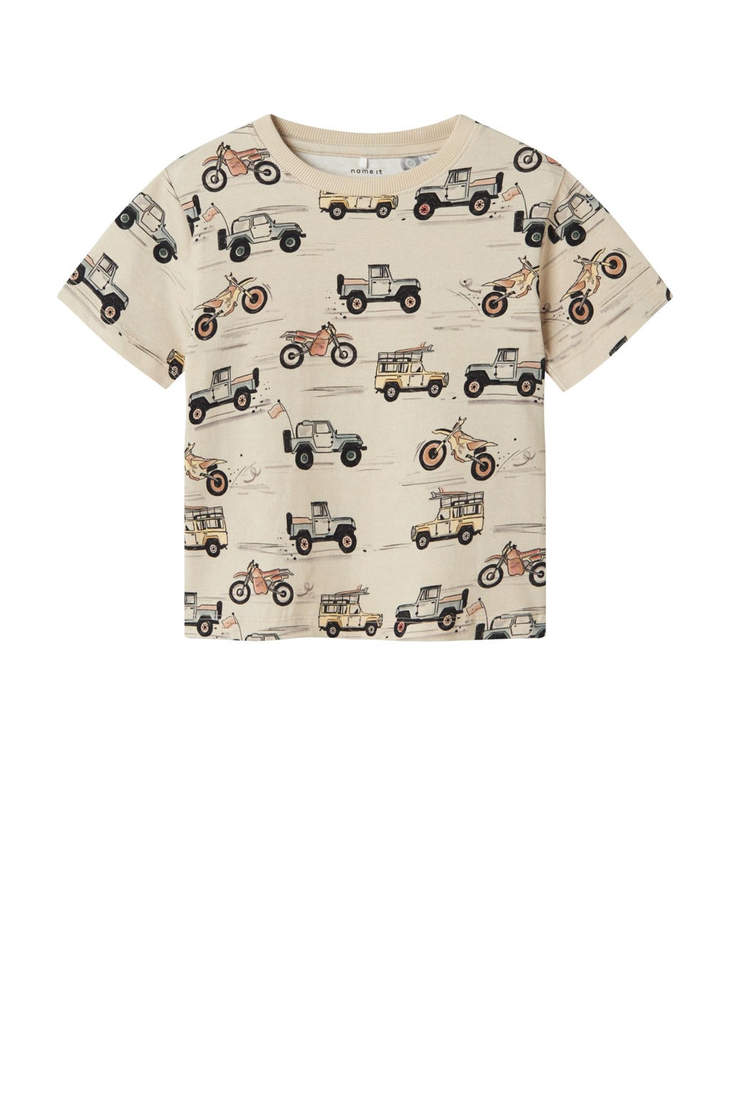 Beige jongens NAME IT MINI T-shirt van stretchkatoen met korte mouwen en ronde hals