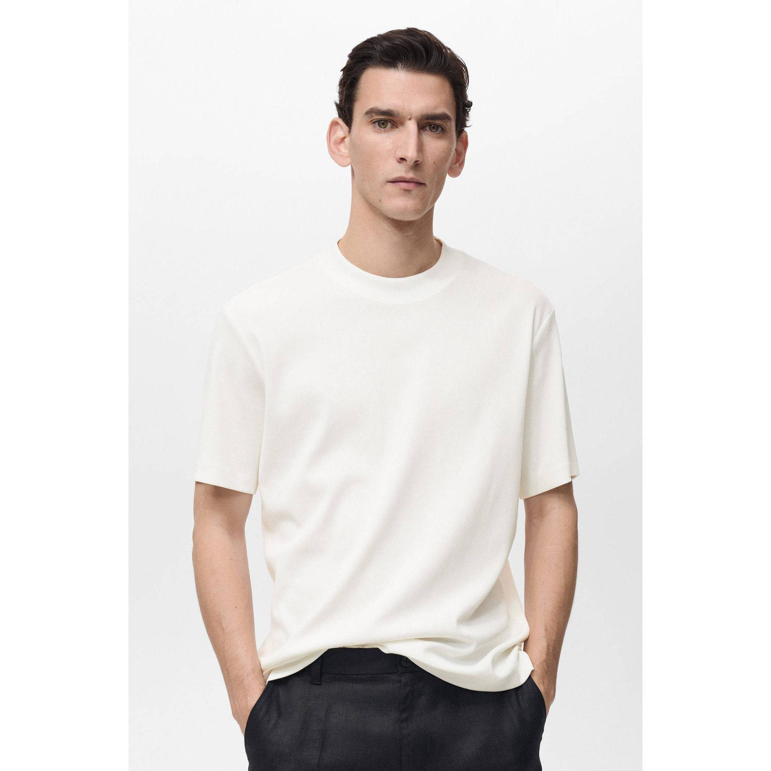 Mango Man T-shirt rib gebreid ecru