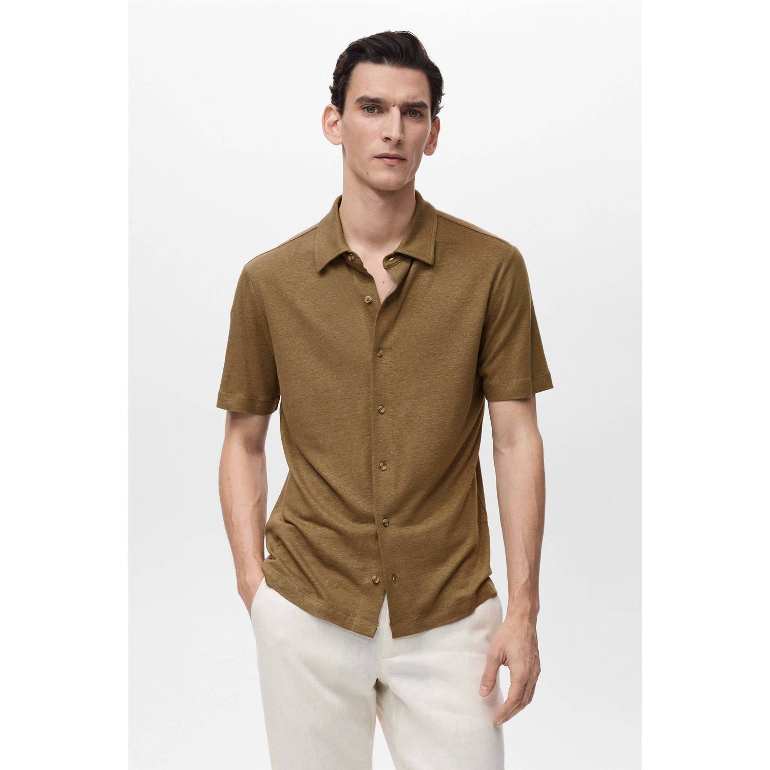 Mango Man linnen casual overhemd bruin