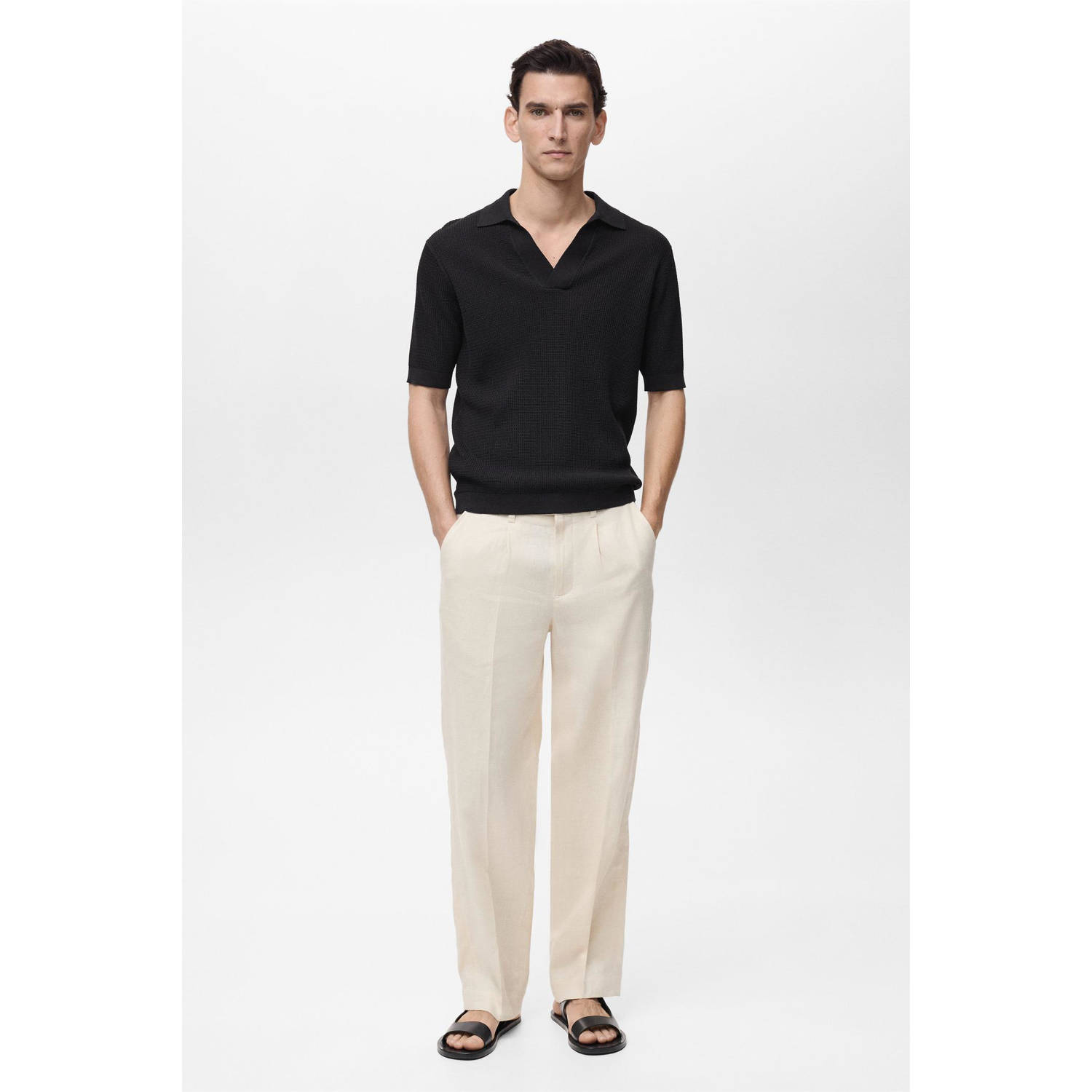 Mango Man regular polo fijn gebreid zwart