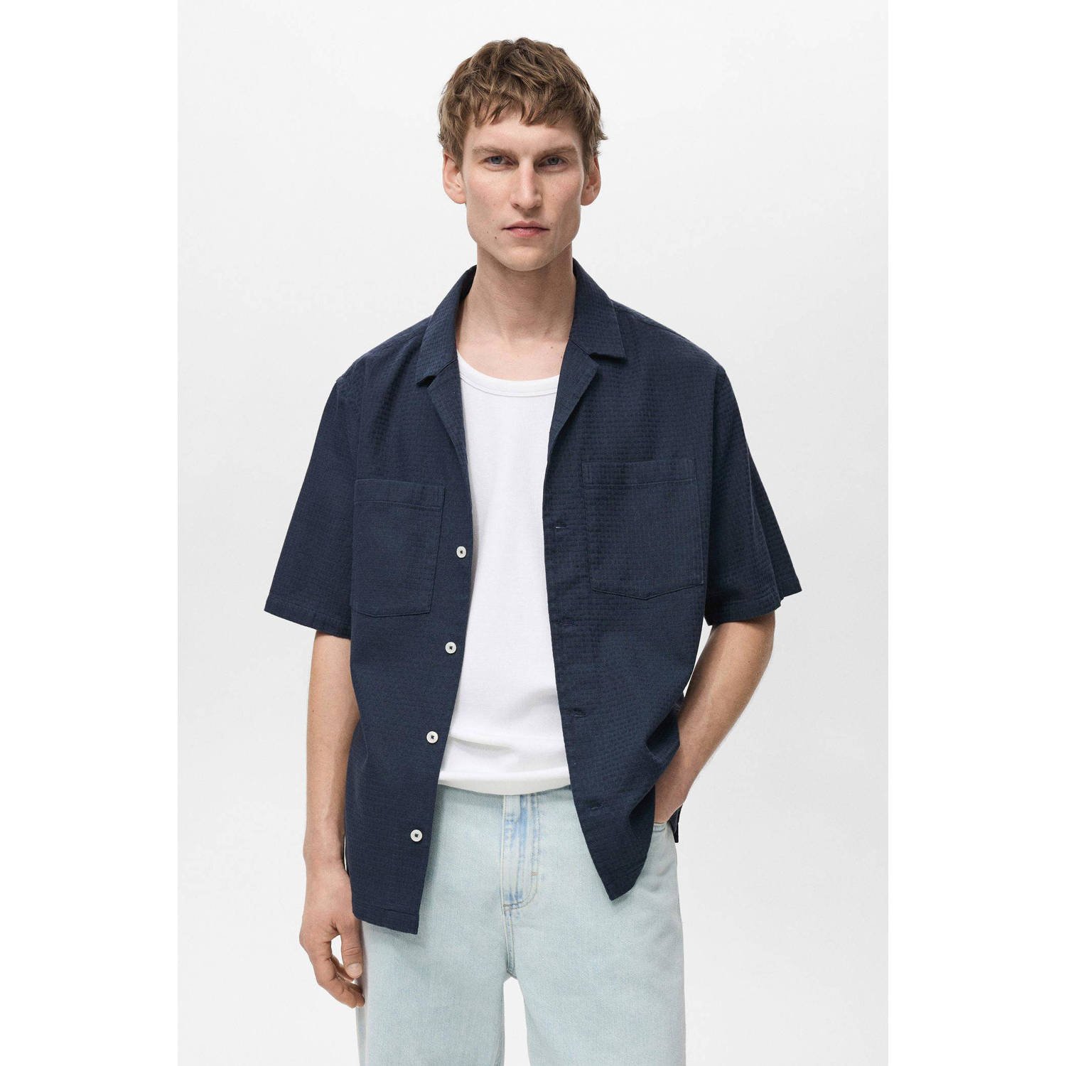 Mango Man casual overhemd donkerblauw