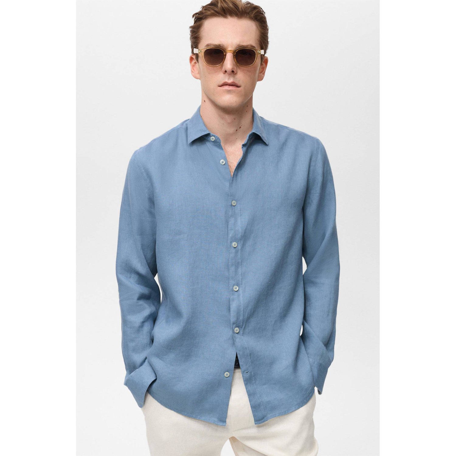 Mango Man linnen casual overhemd blauw