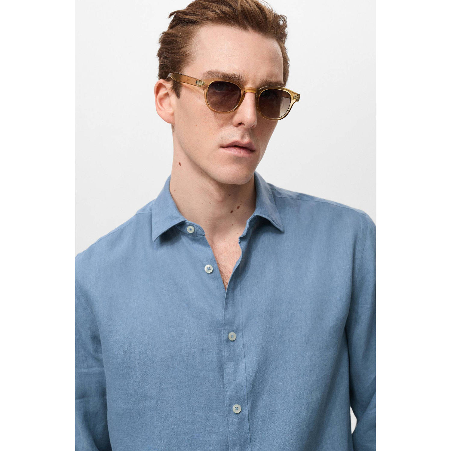 Mango Man linnen casual overhemd blauw