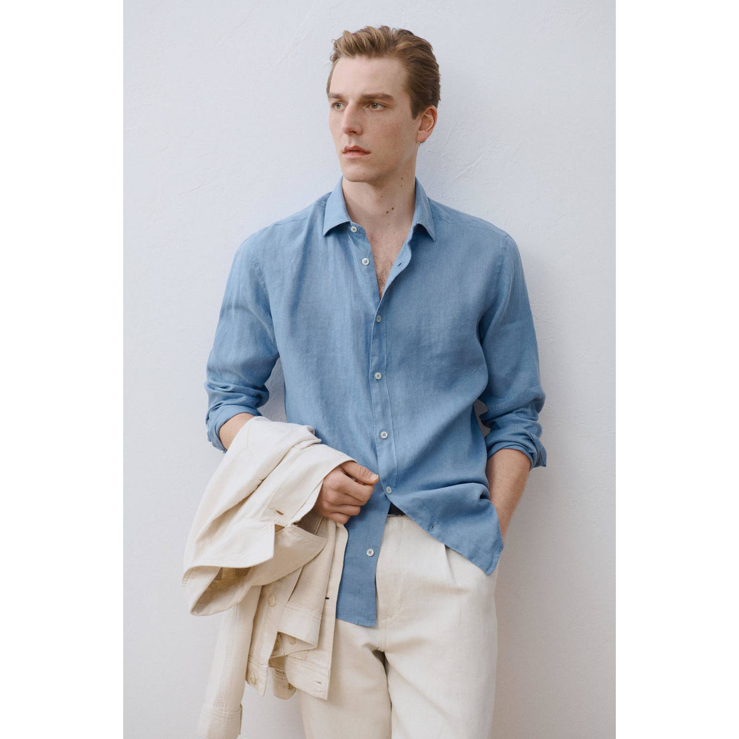 Mango Man linnen casual overhemd blauw