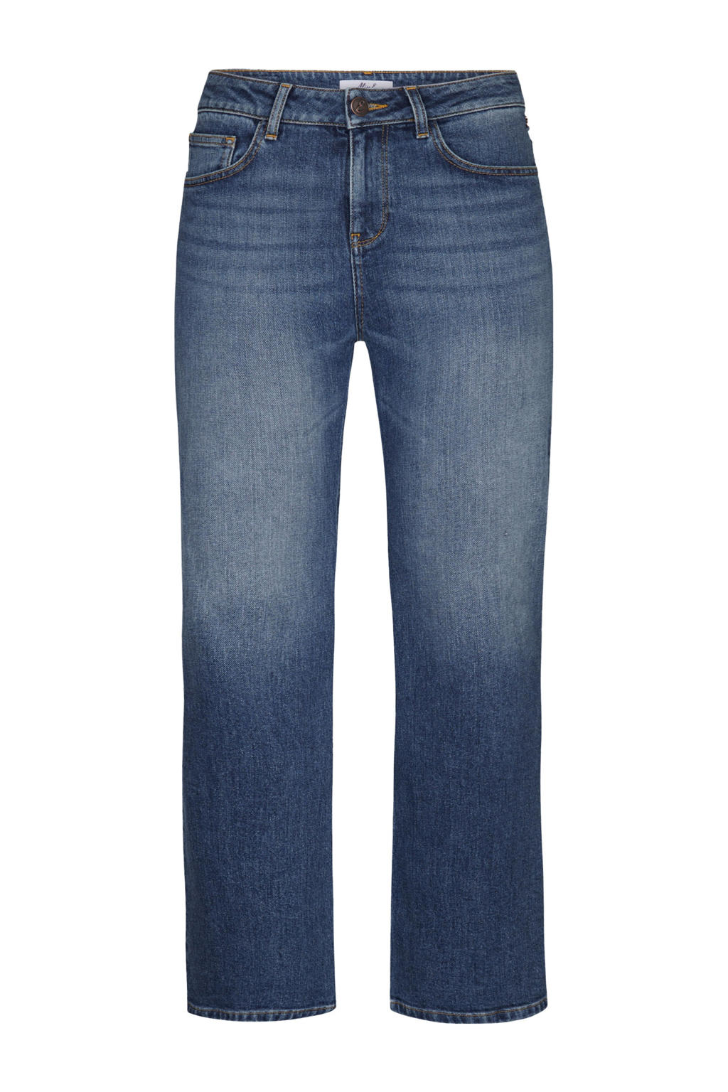 Medium blue denim dames Miss Etam Plus high waist wide leg jeans van stretchdenim met rits- en knoopsluiting en effen