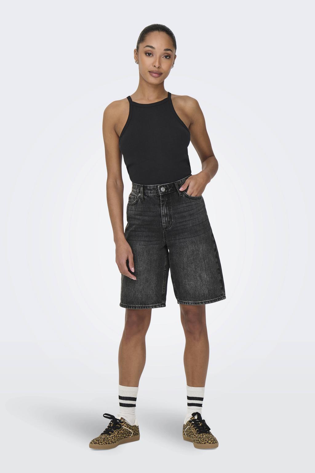 Zwarte dames ONLY wide leg high waist short van denim met rits- en knoopsluiting en effen