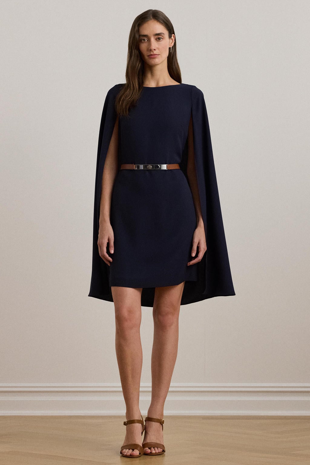 Donkerblauwe dames Lauren Ralph Lauren cocktailjurk van polyester met effen, ronde hals en blinde ritssluiting