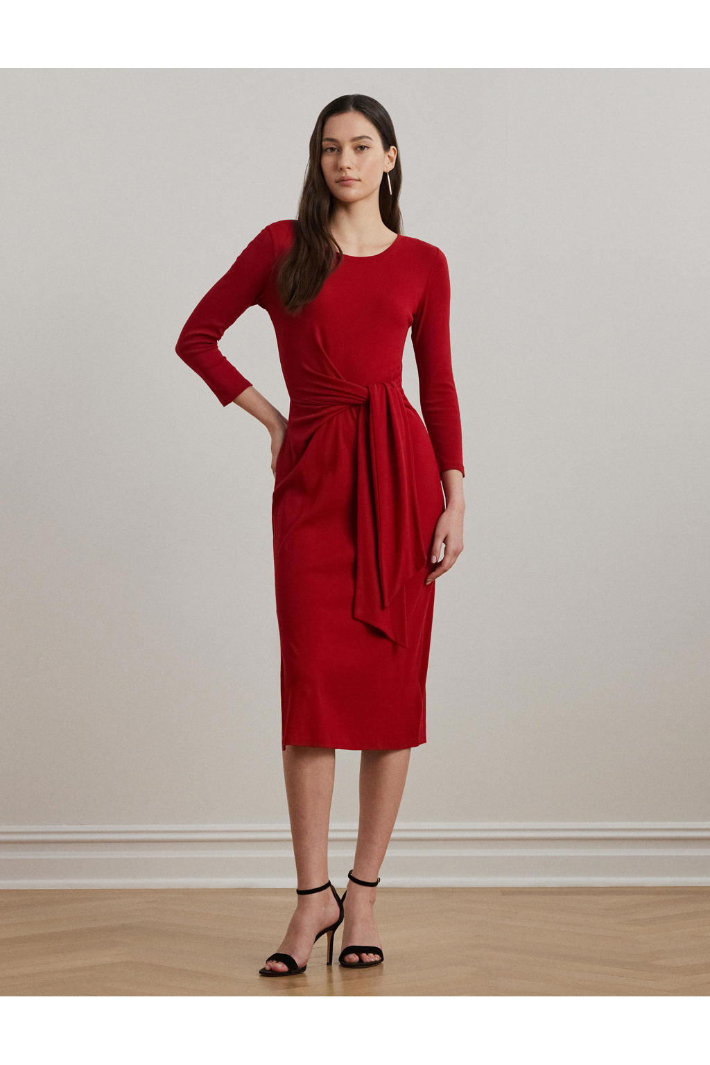 Rode dames Lauren Ralph Lauren midi jurk van katoen met effen, half lange mouwen, ronde hals en knoopdetail