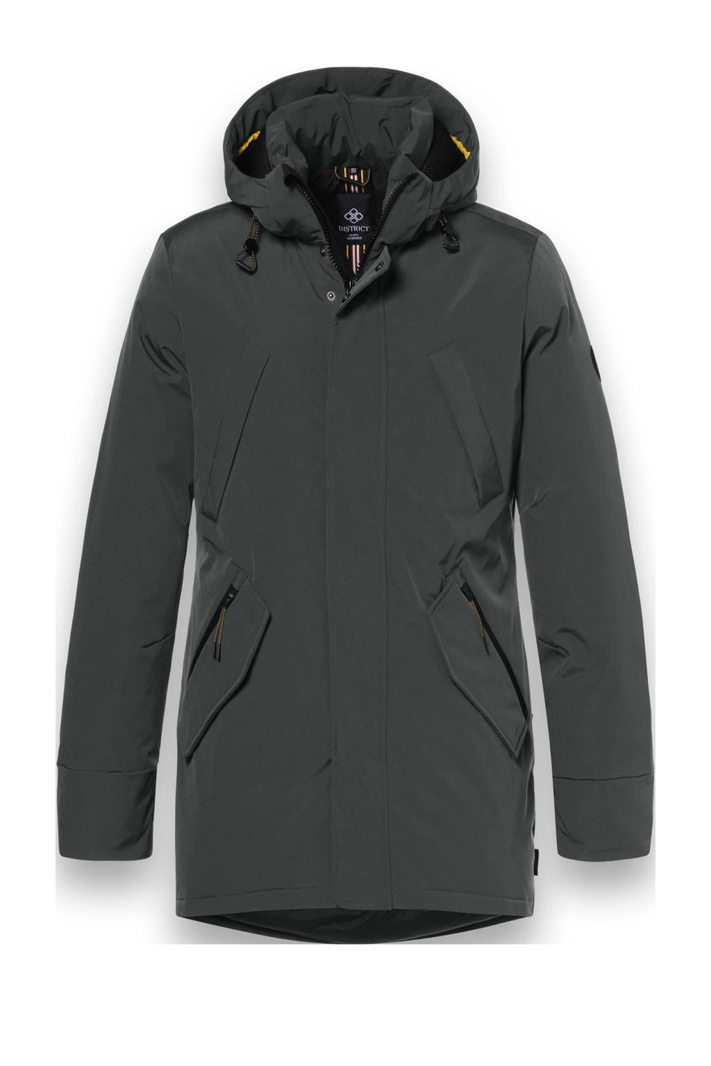 Donkergroene heren District parka van polyester met effen, lange mouwen, capuchon en rits- en drukknoopsluiting