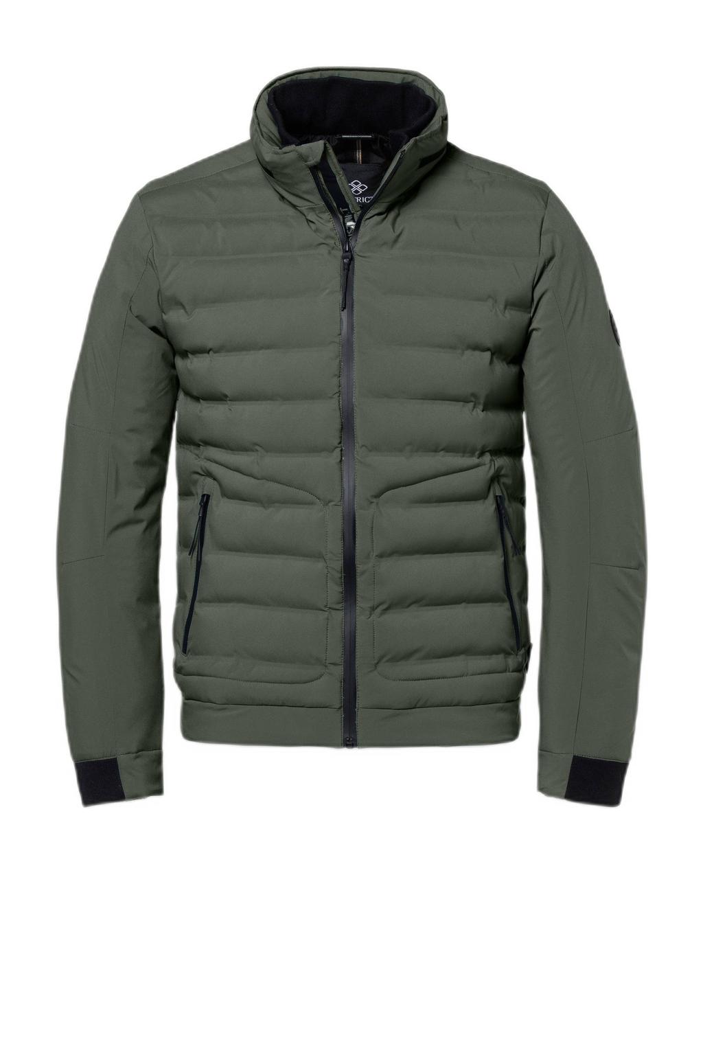 Groene heren District gewatteerde jas van polyester met effen, lange mouwen, capuchon, ritssluiting en quilted