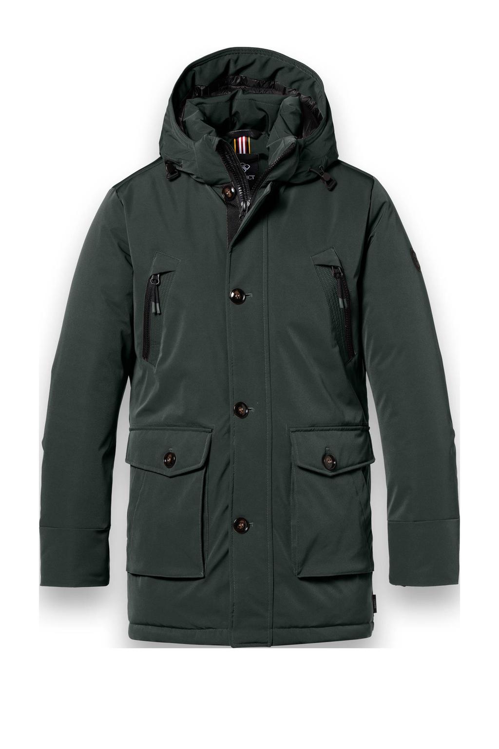 Donkergroene heren District parka van polyester met effen, lange mouwen, capuchon, rits- en knoopsluiting en doorgestikte details