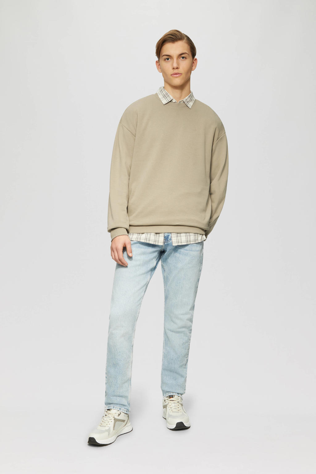 Beige heren QS sweater met effen, lange mouwen, ronde hals en geribde boorden