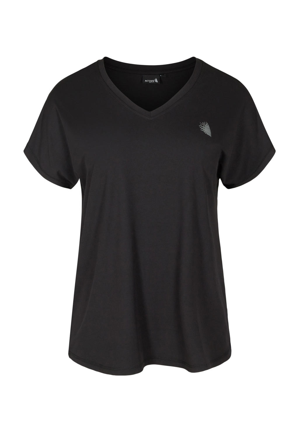 Zwarte dames ACTIVE By Zizzi Plus Size sportshirt van polyester met korte mouwen en V-hals