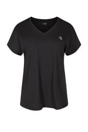 thumbnail: Zwarte dames ACTIVE By Zizzi Plus Size sportshirt van polyester met korte mouwen en V-hals