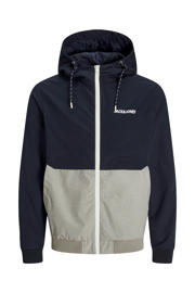 thumbnail: Donkerblauwe heren JACK & JONES ESSENTIALS tussenjas van polyester met effen, lange mouwen, capuchon en ritssluiting