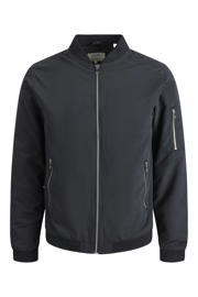 thumbnail: Zwarte heren JACK & JONES ESSENTIALS bomberjack van polyester met effen, lange mouwen, opstaande kraag, ritssluiting en geribde boorden