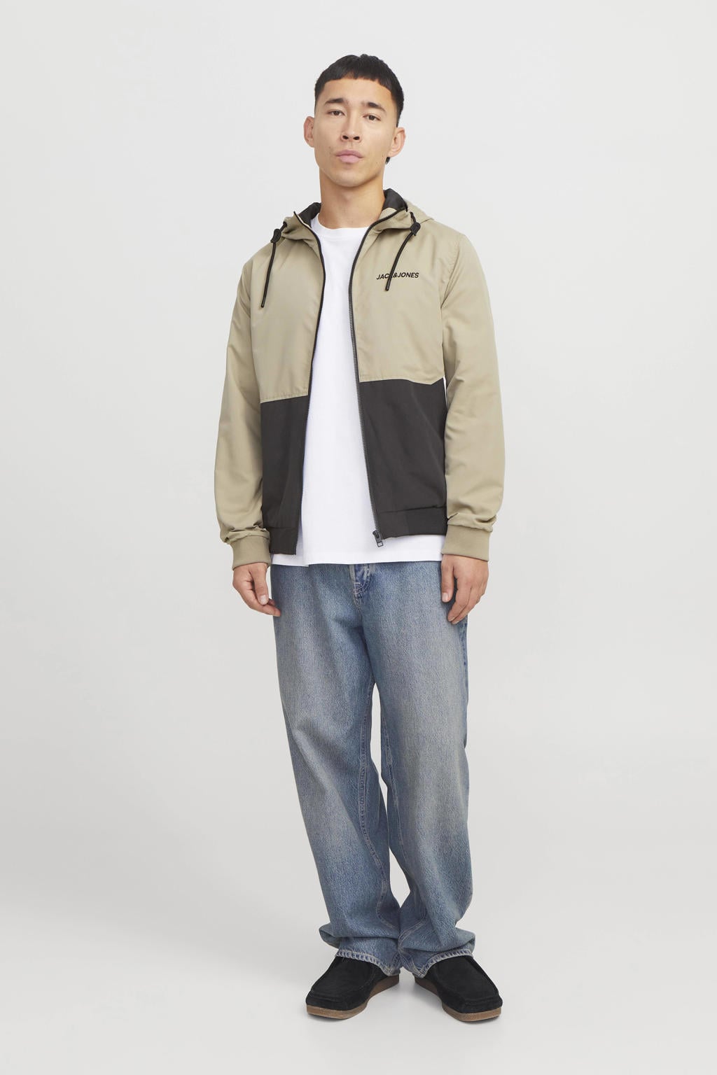 Grijze heren JACK & JONES ESSENTIALS tussenjas Beige van polyester met effen, lange mouwen, capuchon, ritssluiting en elastische boord