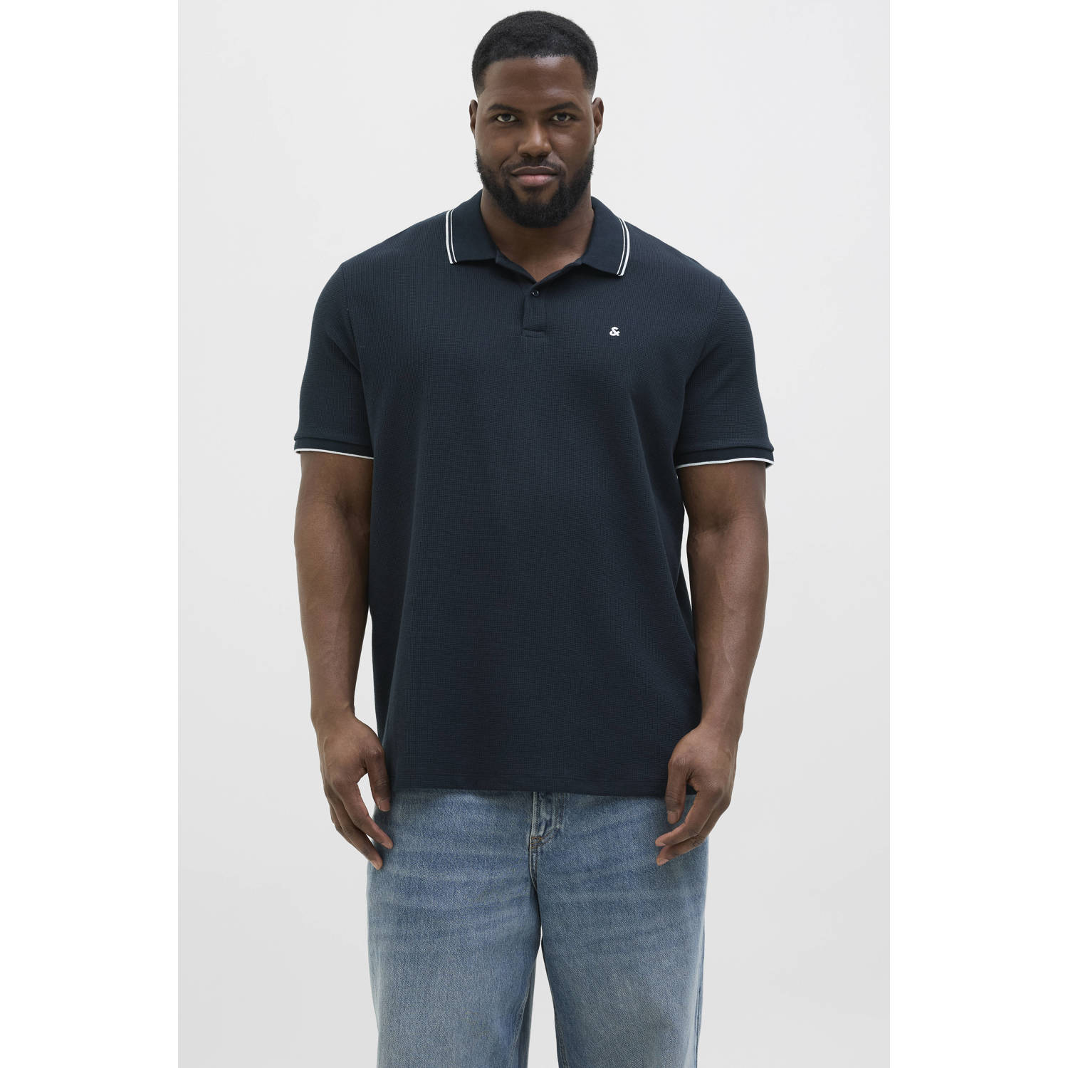 JACK & JONES PLUS SIZE regular polo met ingebreid patroon donkerblauw