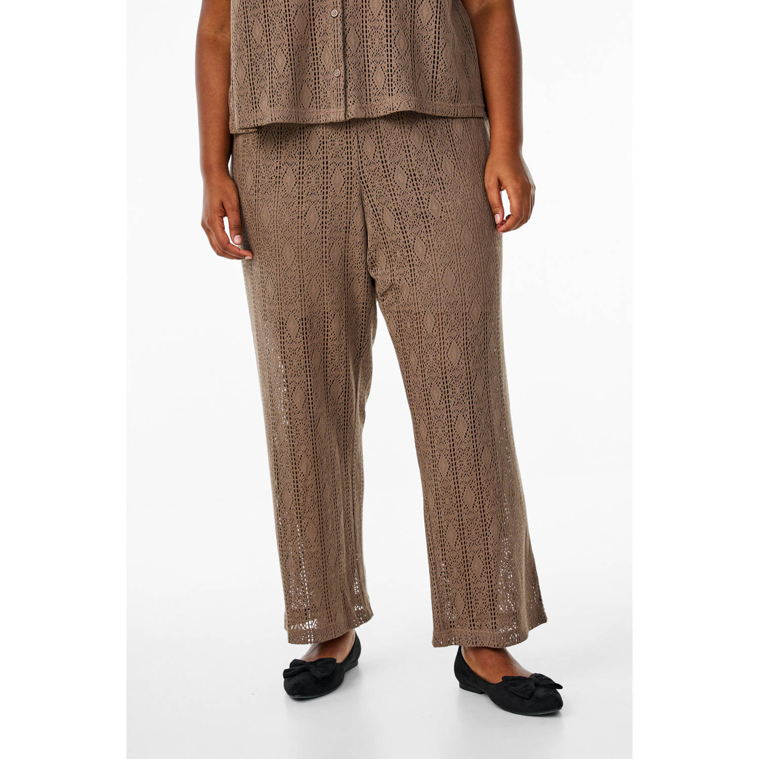 Zizzi kanten wide leg high waist broek bruin