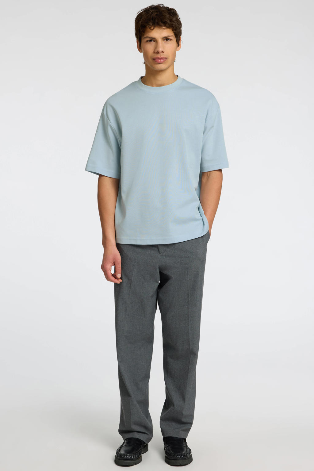 Lichtblauwe heren Selected loose fit T-shirt van katoen met effen, korte mouwen en ronde hals