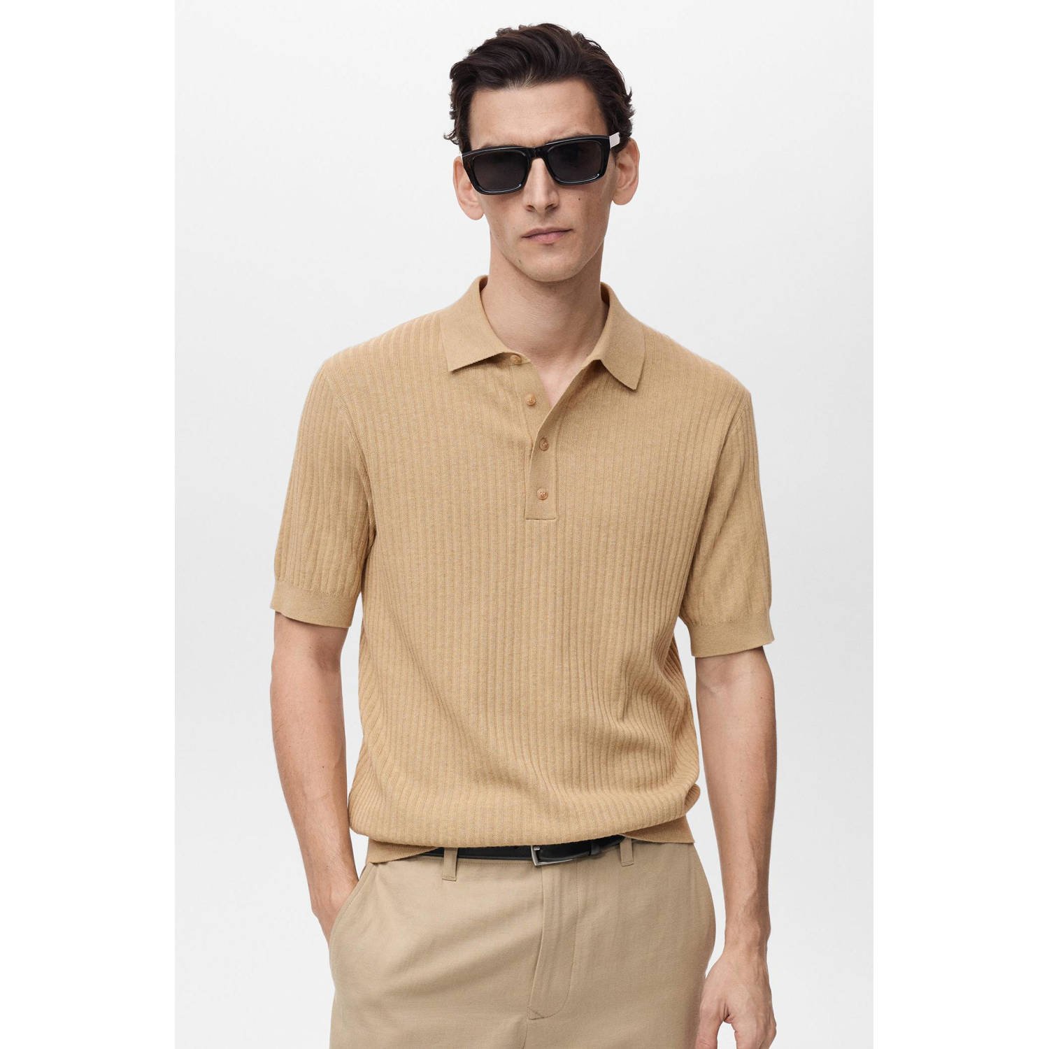 Mango Man polo rib gebreid beige