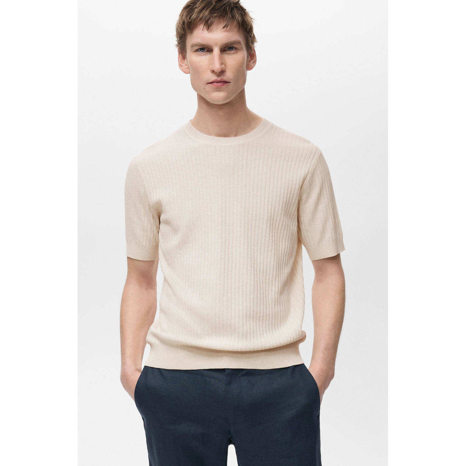 Mango Man T-shirt rib gebreid ecru