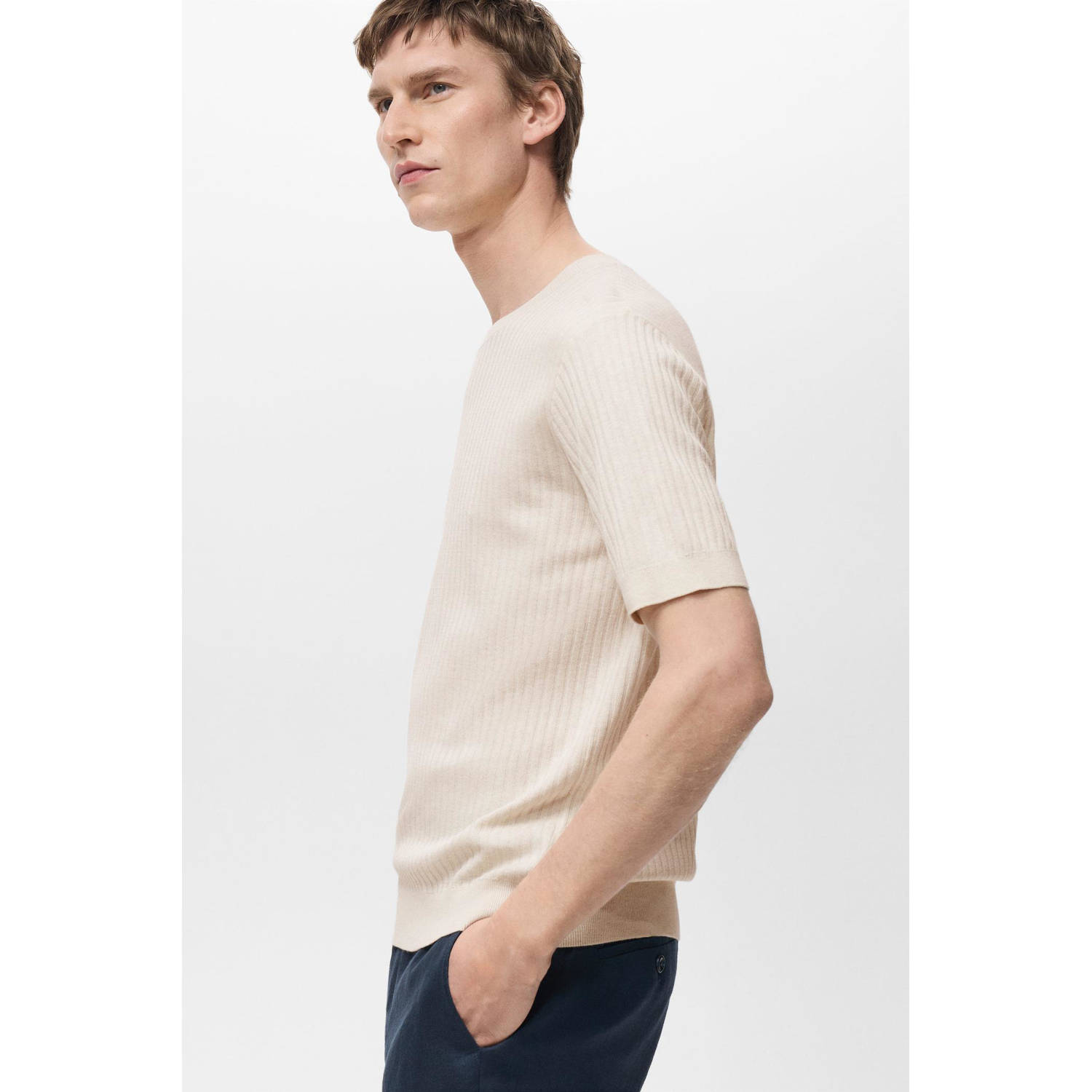 Mango Man T-shirt rib gebreid ecru