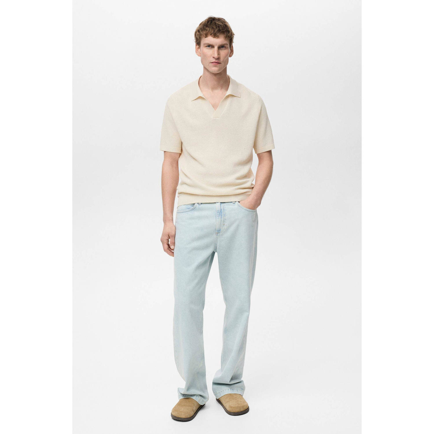 Mango Man regular polo fijn gebreid ecru