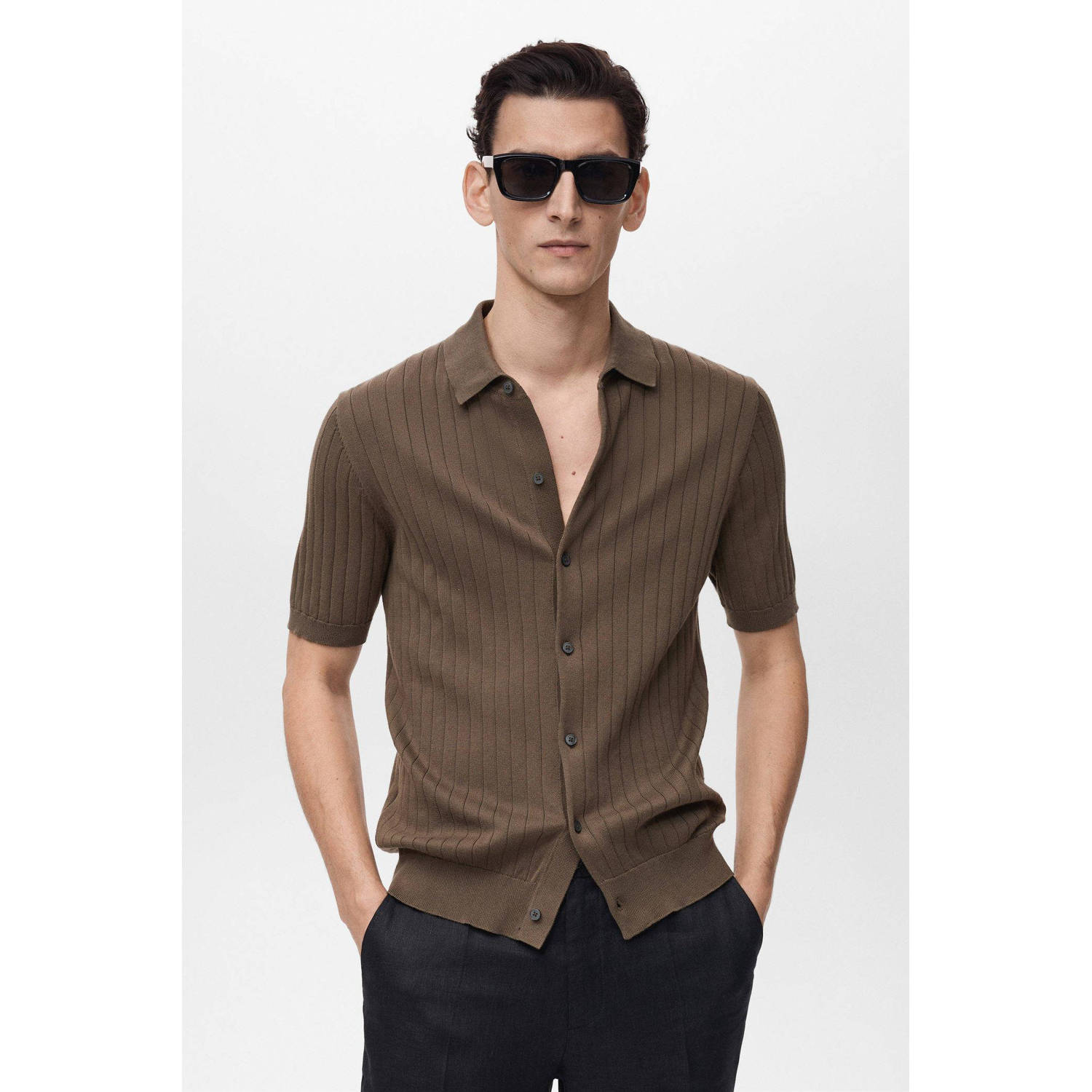 Mango Man casual overhemd fijn gebreid bruin