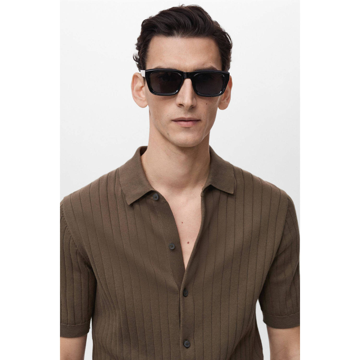 Mango Man casual overhemd fijn gebreid bruin
