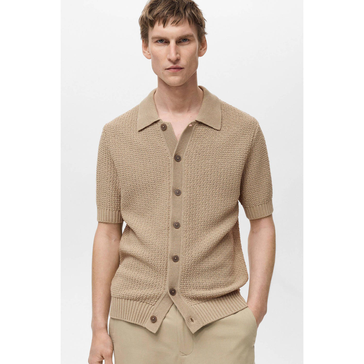 Mango Man casual overhemd gebreid beige