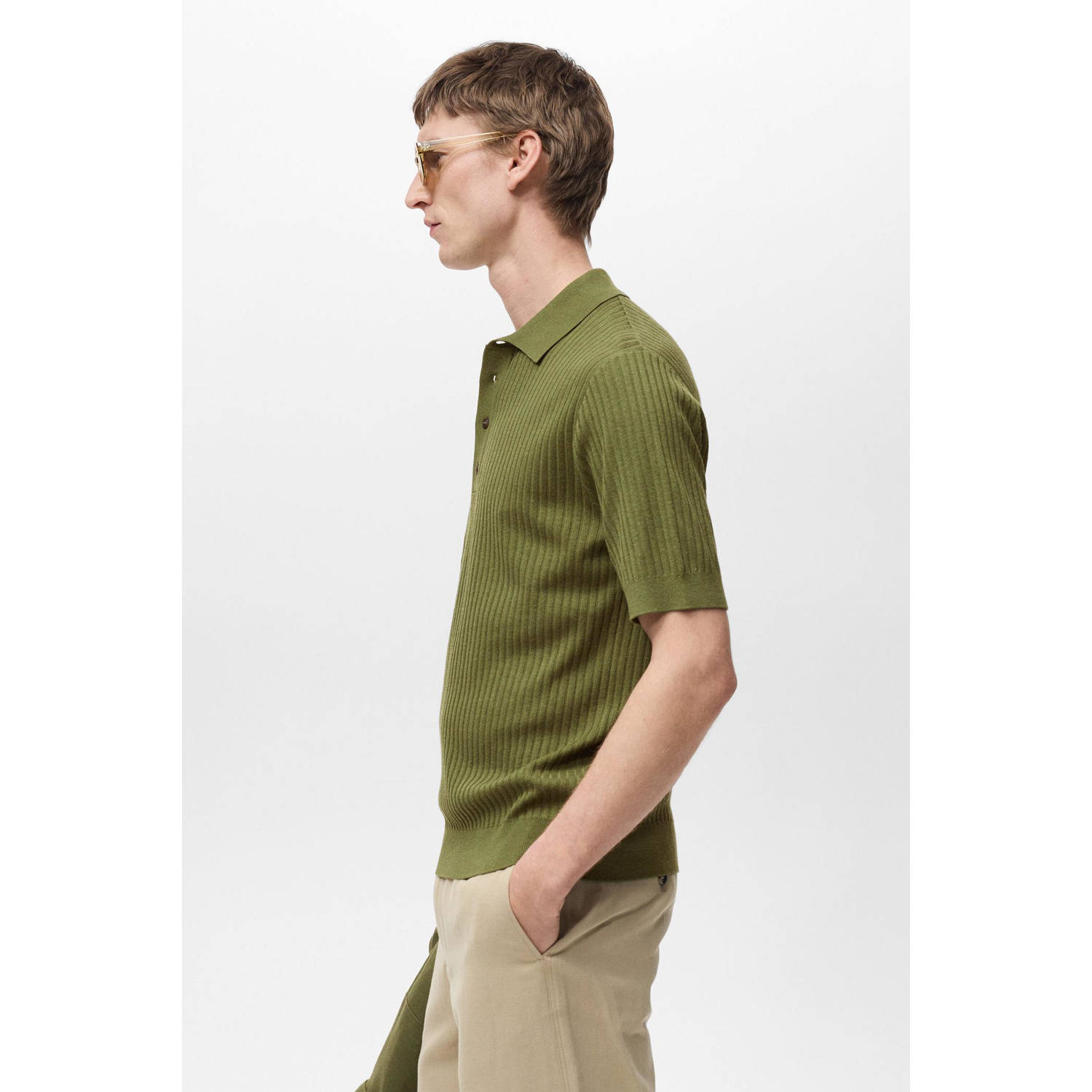 Mango Man regular polo rib gebreid groen