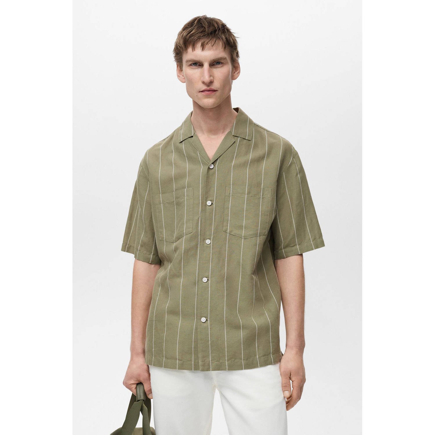 Mango Man linnen casual overhemd groen