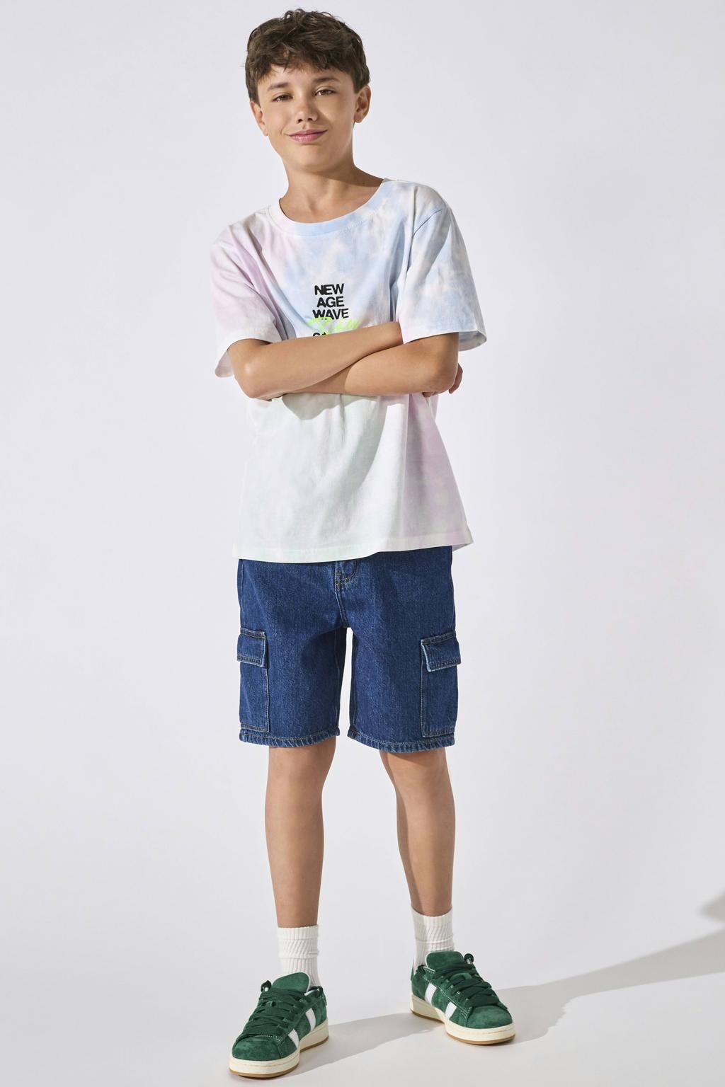 Roze en multikleurige jongens ONLY & SONS JUNIOR T-shirt van katoen met tie-dye effect, korte mouwen en ronde hals