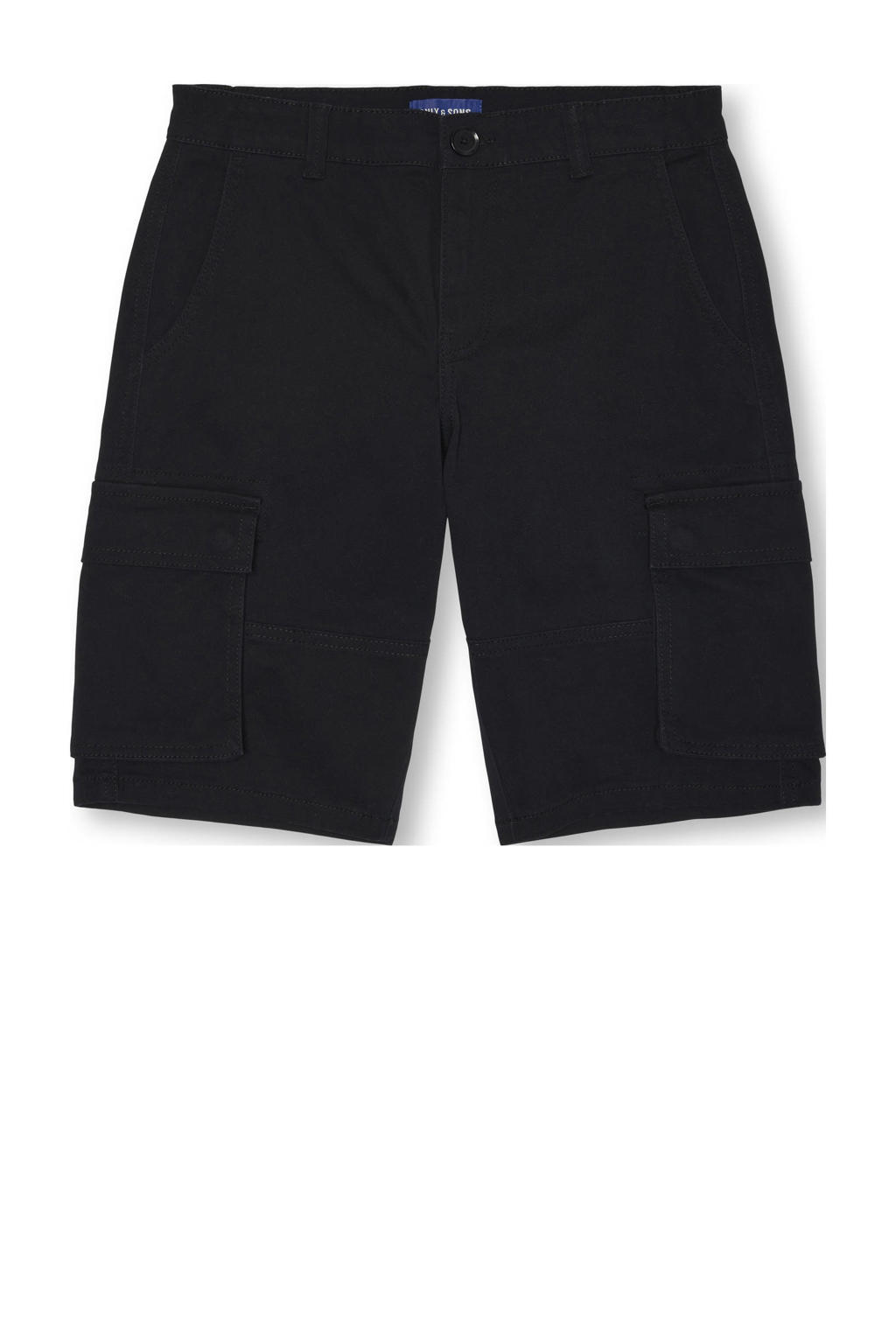 Zwarte jongens ONLY & SONS JUNIOR cargo short van stretchkatoen met regular fit, rits- en knoopsluiting en effen