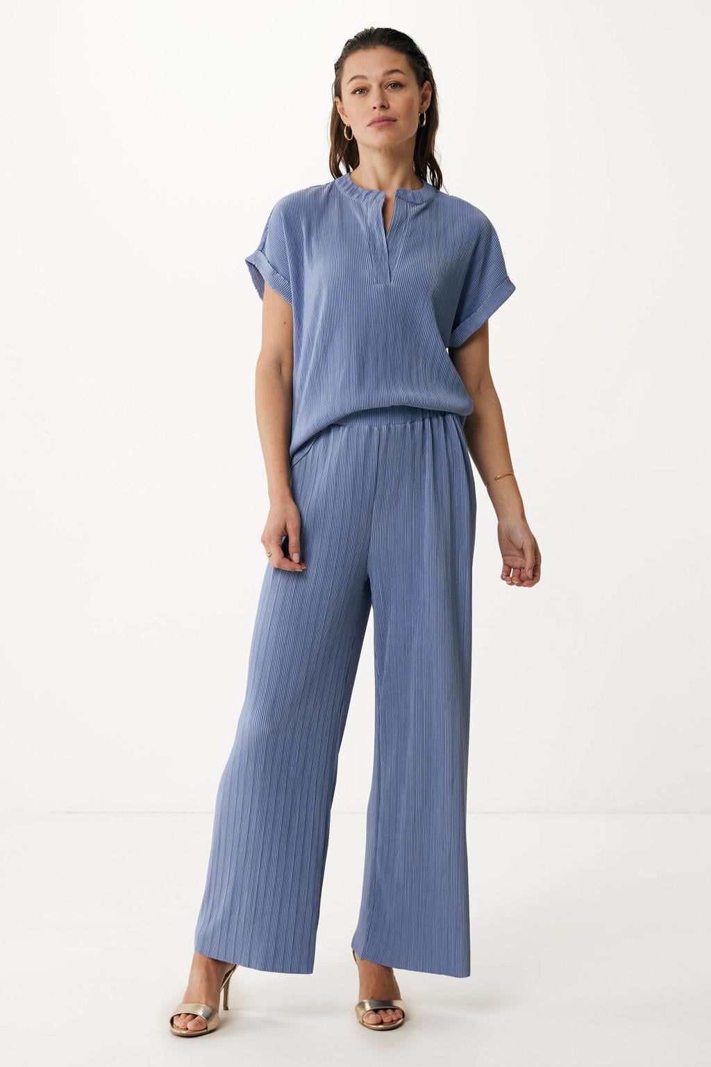 Lichtblauwe dames Mexx straight high waist palazzo broek van polyester met elastische tailleband en effen
