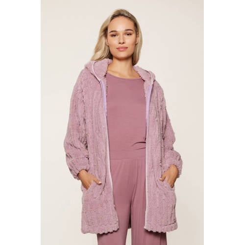 LingaDore fleece badjas met capuchon en ritssluiting oudroze afbeelding